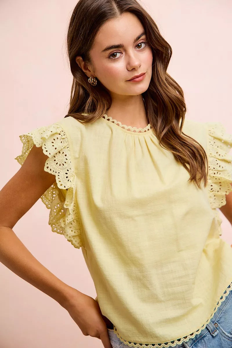 BiBi Cotton Solid Ruffle Sleeve Lace Detail Blouse Top
