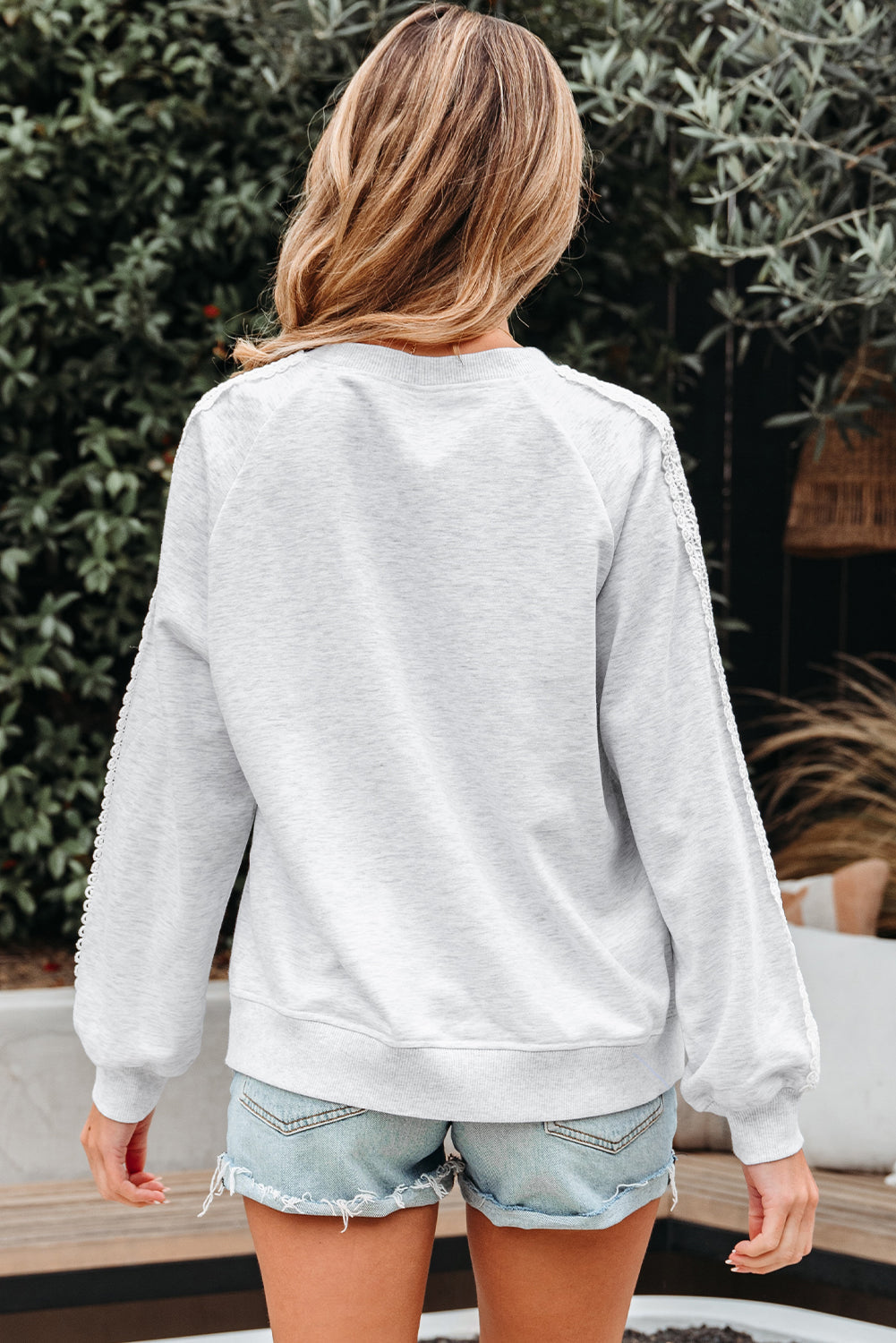 Threaded Pear Peyton Lace Patchwork Raglan Sleeve Crew Neck Sweatshirt