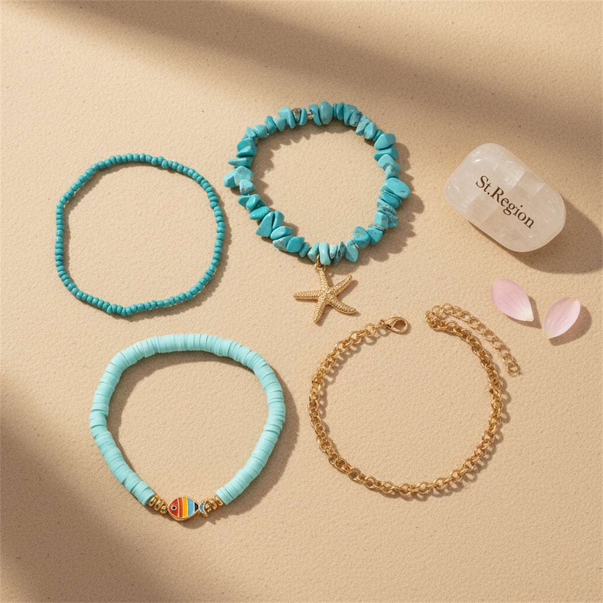 Polymer Clay & Turqouise Enamel Goldtone Fish Charm Stretch Anklet Set