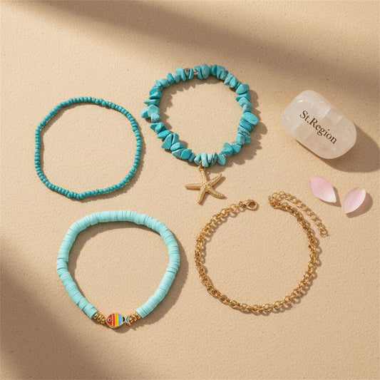 Polymer Clay & Turqouise Enamel Goldtone Fish Charm Stretch Anklet Set