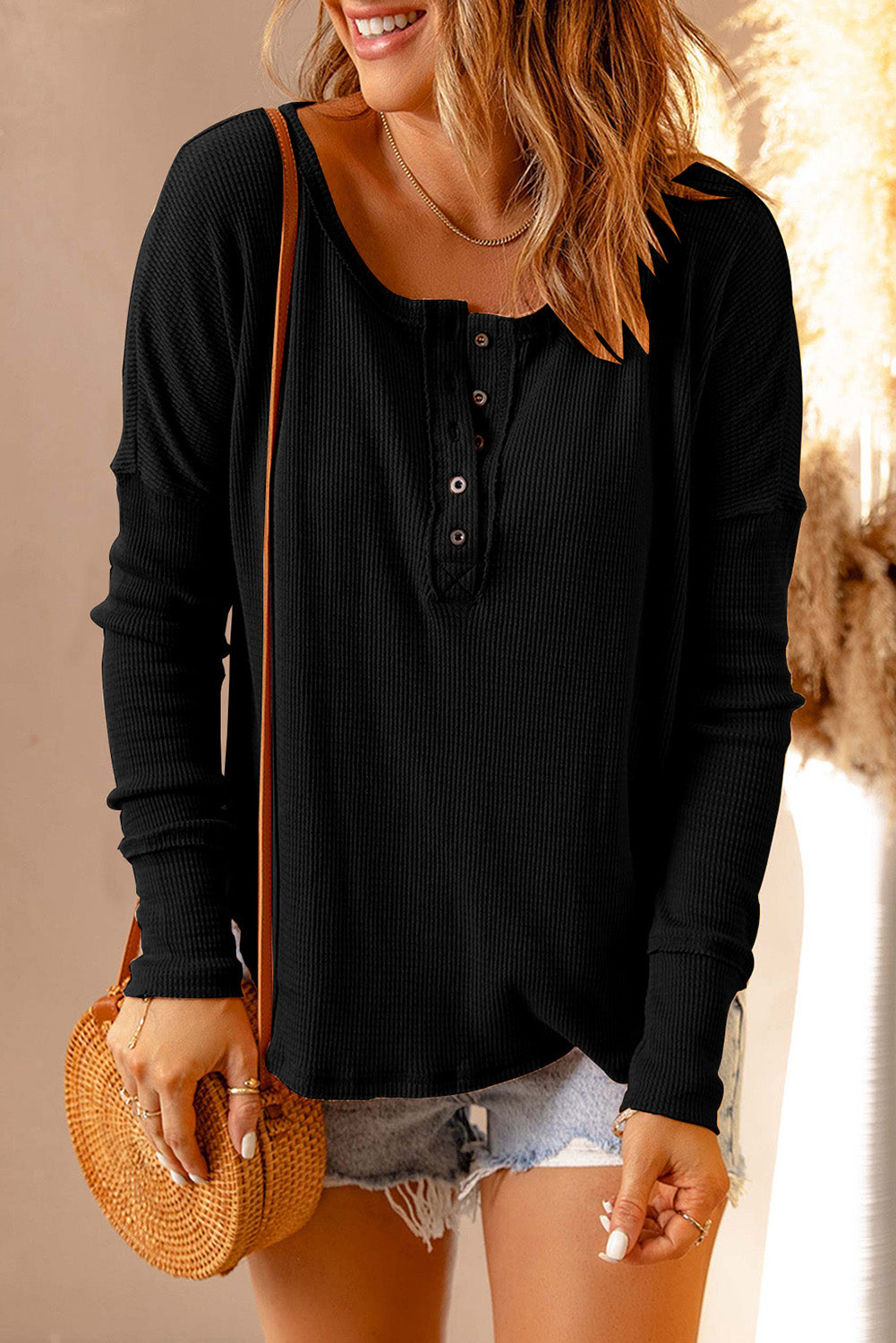 Threaded Pear Harper Waffle Knit Henley Top