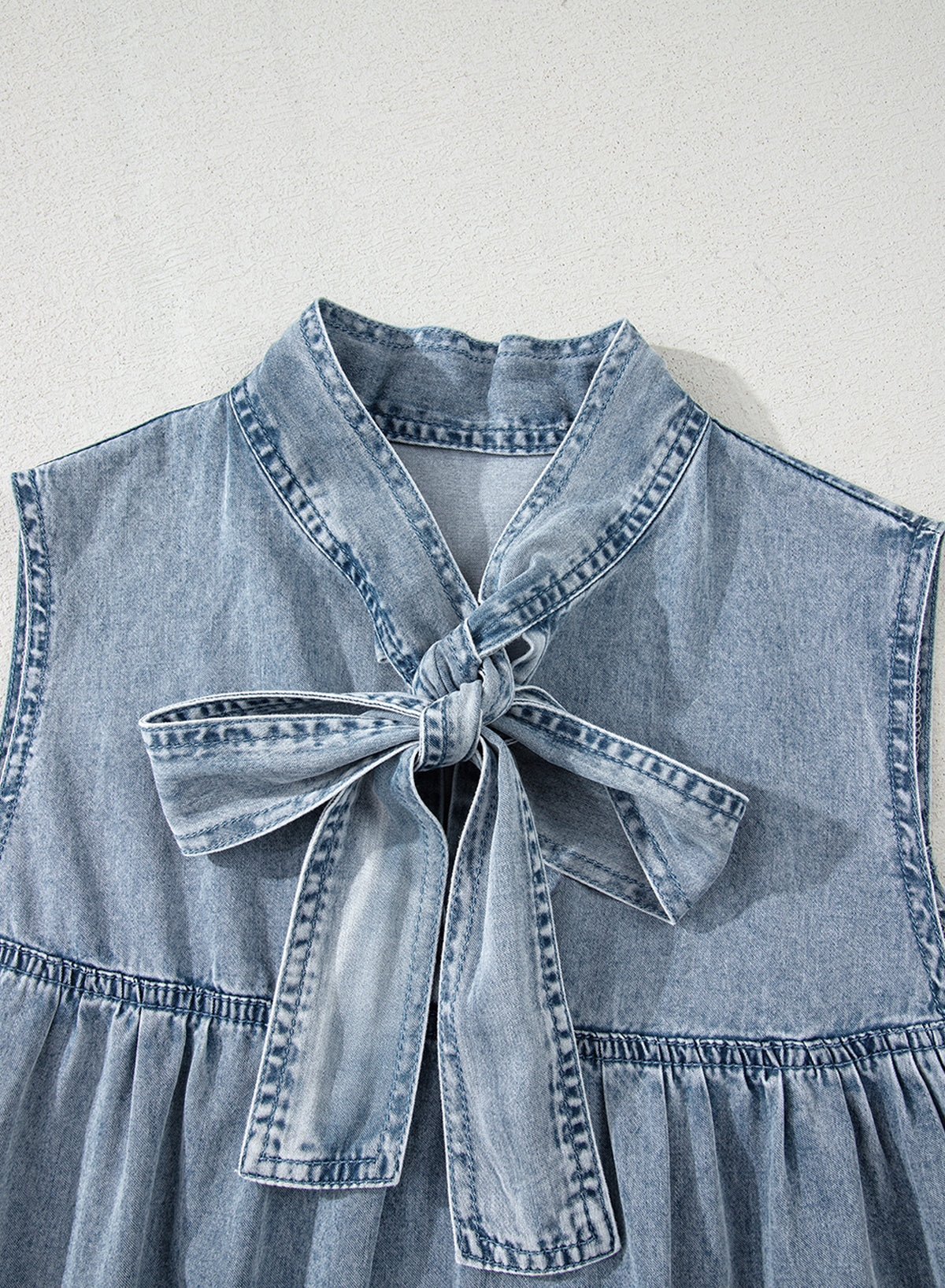 Threaded Pear Clare Sleeveless Ruffled Chambray Dress