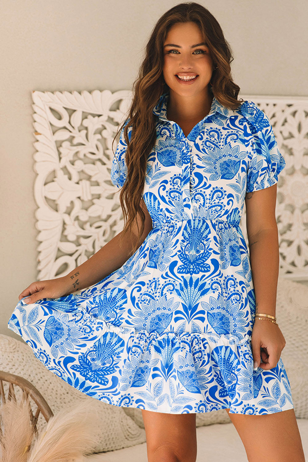 Threaded Pear Lilly Floral Drawstring Waist Ruffled Dress