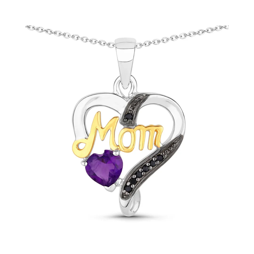 0.43 Ct Heart Purple Amethyst Prong Silver Double Heart Mom Pendant Necklace