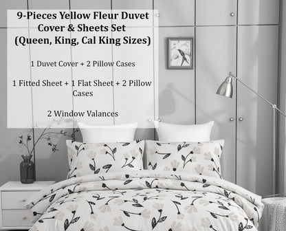 DaDa Bedding Yellow Fleur Duvet Cover, Sheets & Valance Set