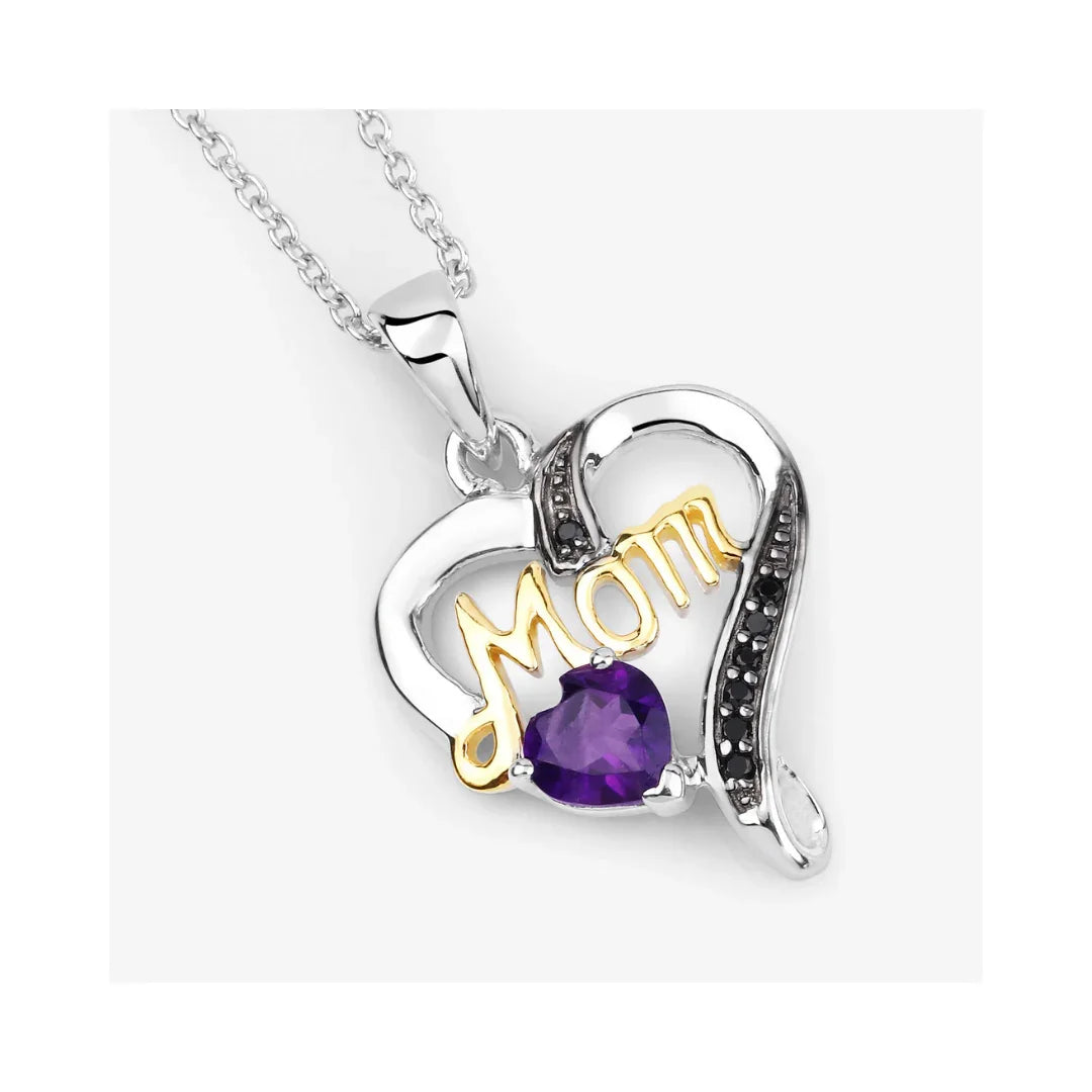 0.43 Ct Heart Purple Amethyst Prong Silver Double Heart Mom Pendant Necklace