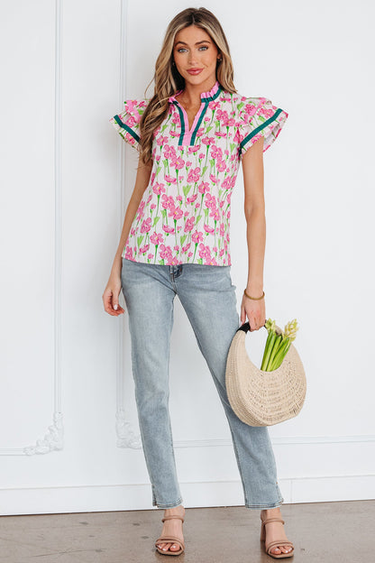 Threaded Pear Elyse Ruffled Short Sleeve Blouse