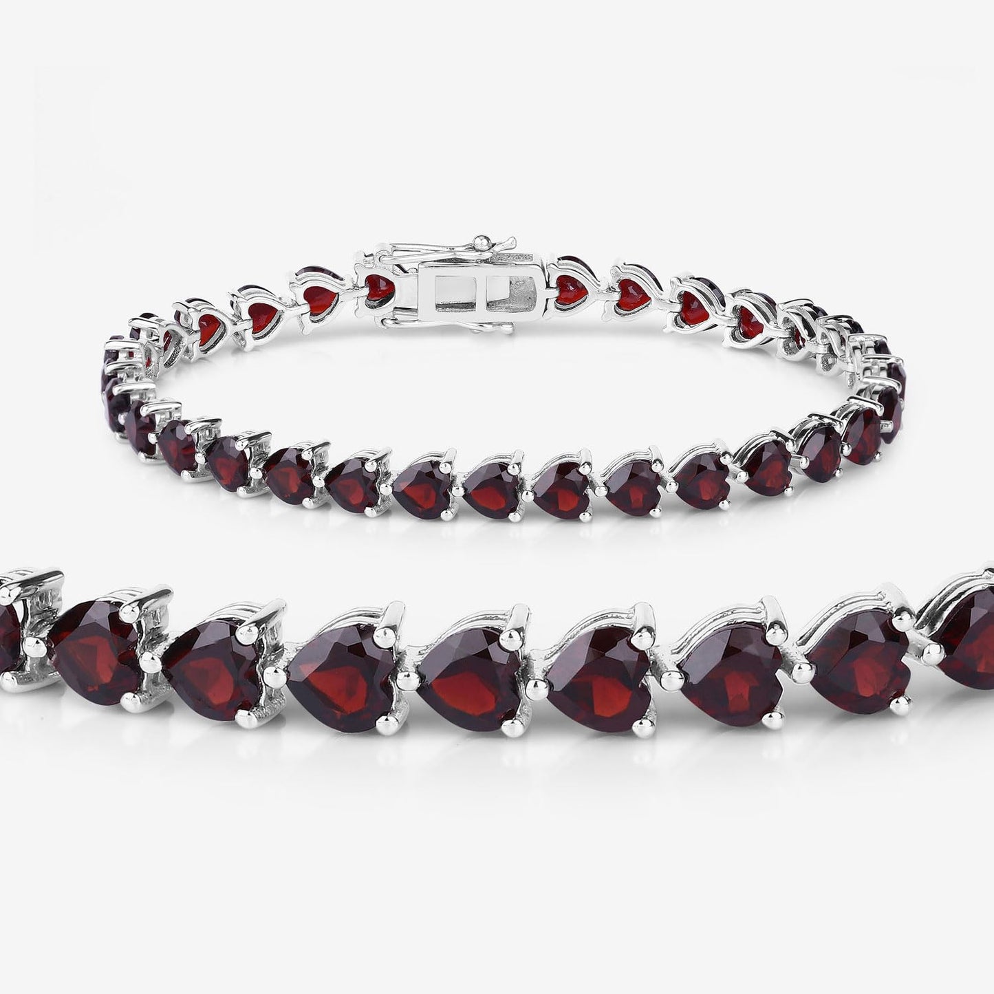 15.50 Ct Heart Red Garnet Prong Sterling Silver Box Clasp Tennis Bracelet