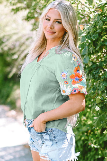Threaded Pear Reya Floral Embroidered Puff Sleeve Split Neck Blouse
