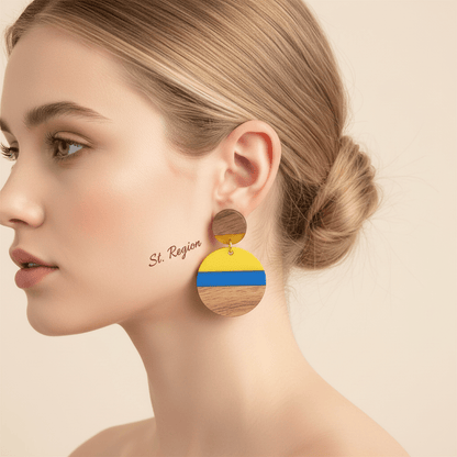 Yellow & Blue Resin Wood Goldtone Striped Circular Dangle Earrings