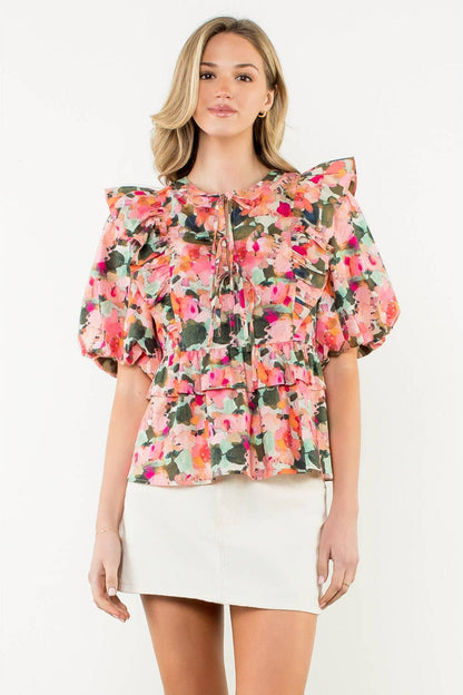 Kinsley- Ruffle Tie Neck Puff Sleeve Floral Top