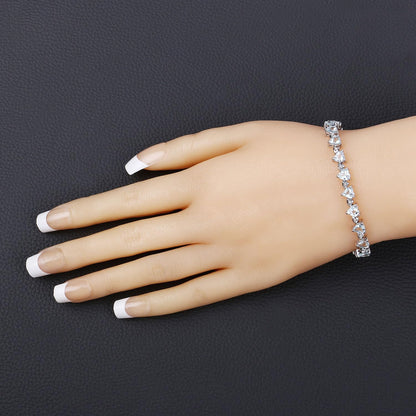 Heart Blue Aquamarine & Diamond Prong Silver Box Clasp Tennis Bracelet