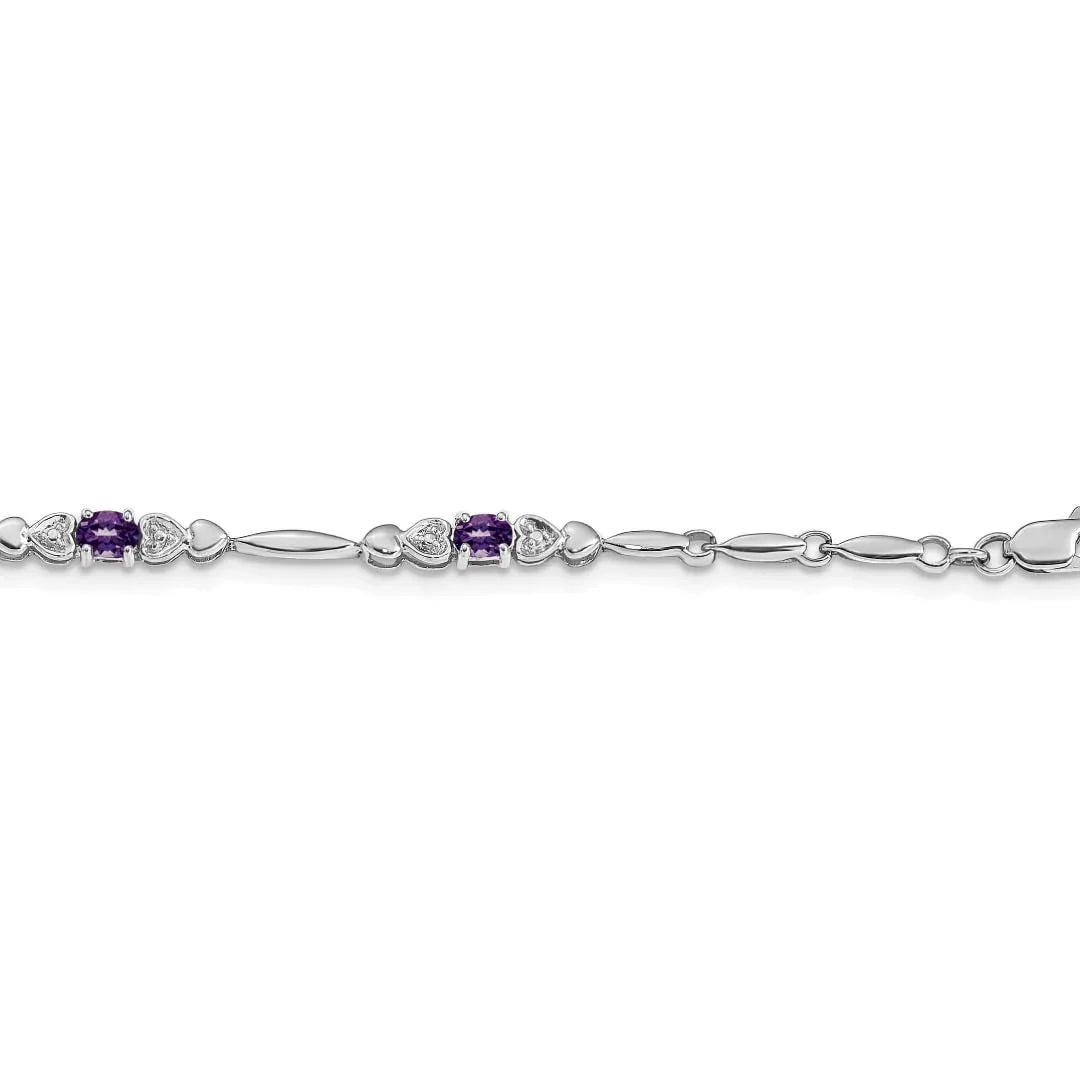 14k White Gold Unisex Oval Amethyst Heart 7 inch Bracelet