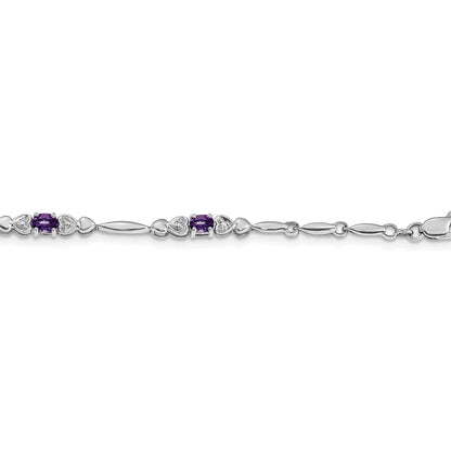 14k White Gold Unisex Oval Amethyst Heart 7 inch Bracelet