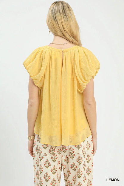 Umgee Crinkle Flutter Sleeve Peasant Top in Lemon
