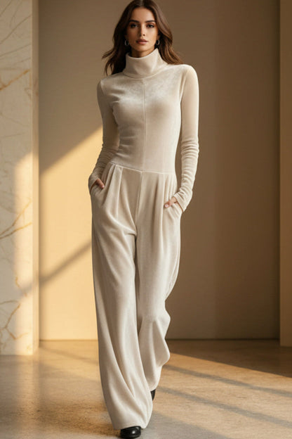 Women's Velvet Mock Turtleneck Chevron-Seam Fitted Bodice Balloon-Leg Jumpsuit