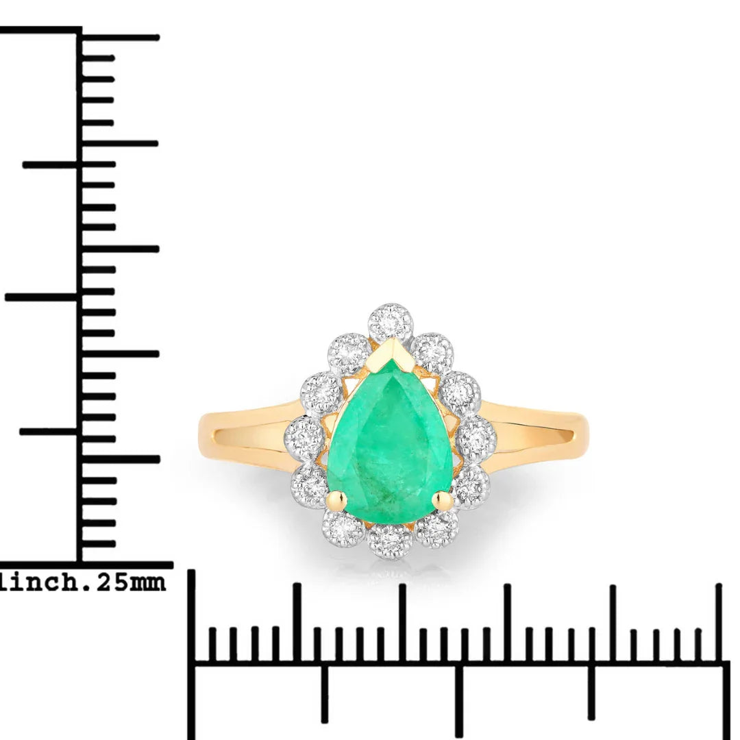 1.10 Ct Pear Green Zambian Emerald Diamond V-Prong 10k Gold Halo Statement Ring