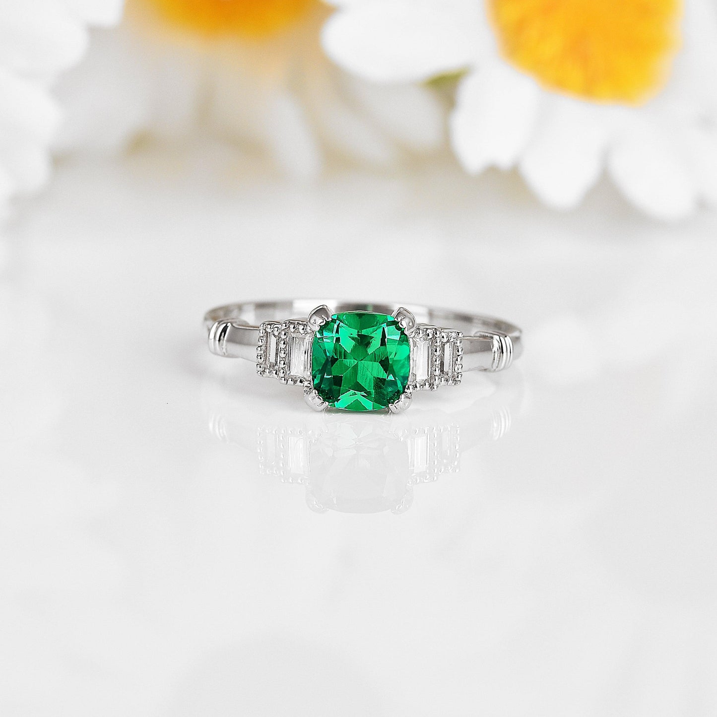 1.14 Ct Cushion Green Colombian Lab Created Emerald and Moissanite Prong Silver Five Stone Ring