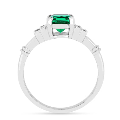 1.14 Ct Cushion Green Colombian Lab Created Emerald and Moissanite Prong Silver Five Stone Ring