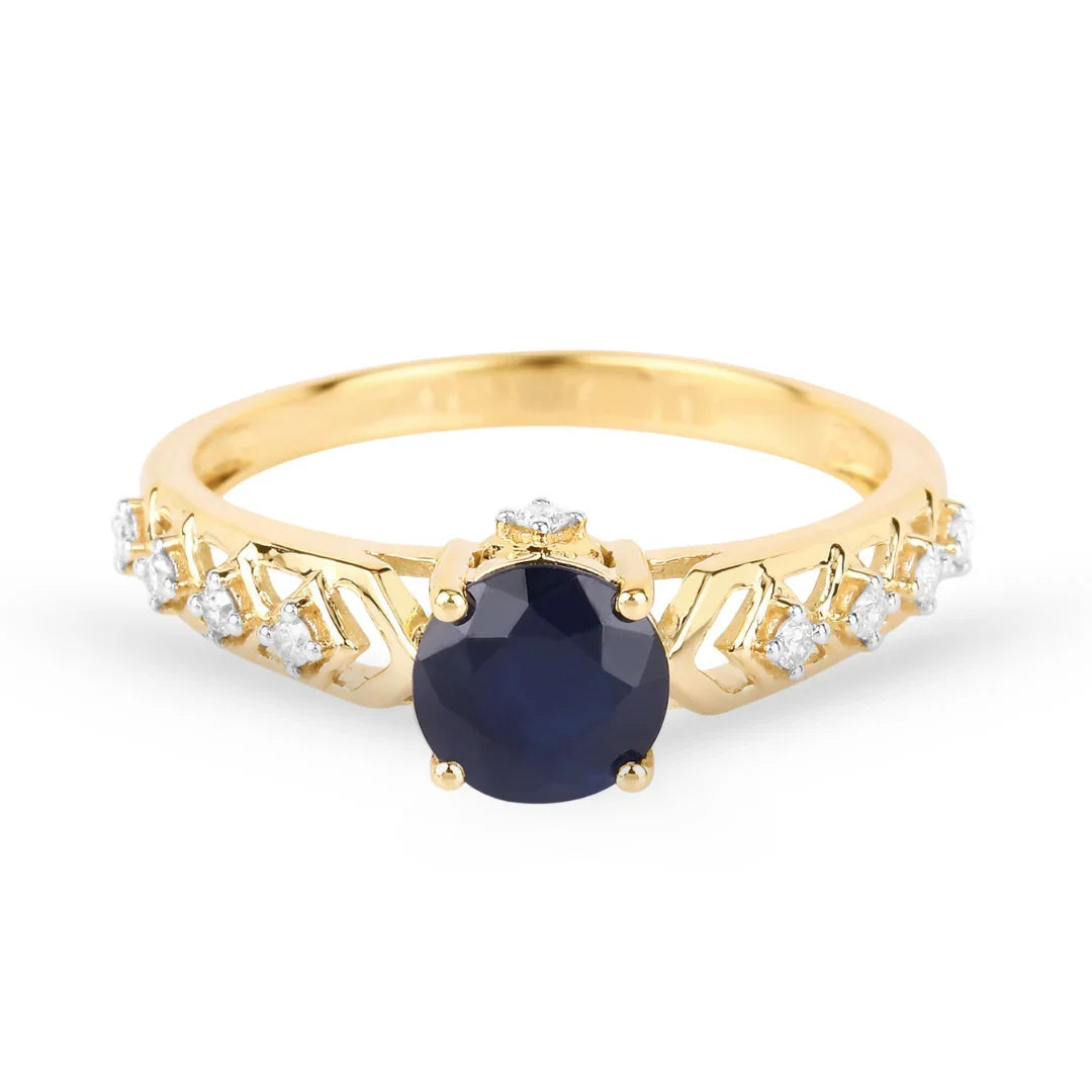 1.03 Ct Round Blue Sapphire & Diamond Prong 10k Gold Bridge Engagement Ring
