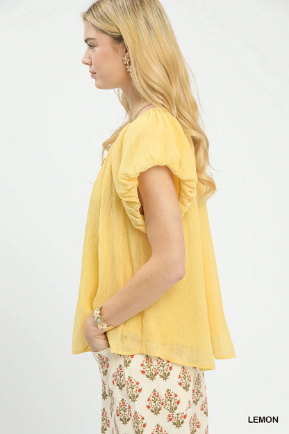 Umgee Crinkle Flutter Sleeve Peasant Top in Lemon