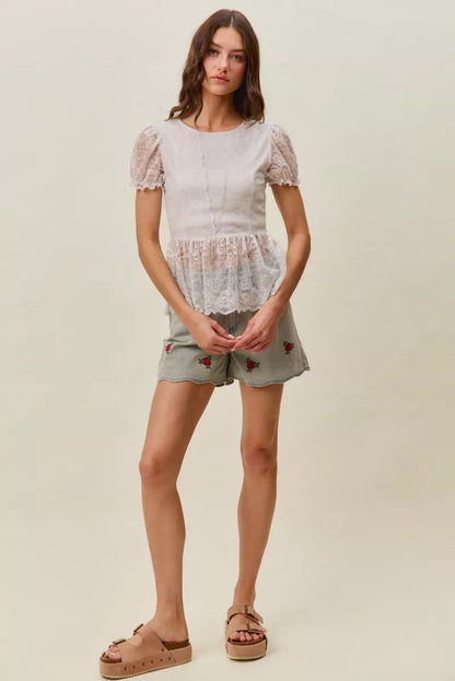 SO ME Rose Embroidery High Rise Scallop Hem Denim Shorts