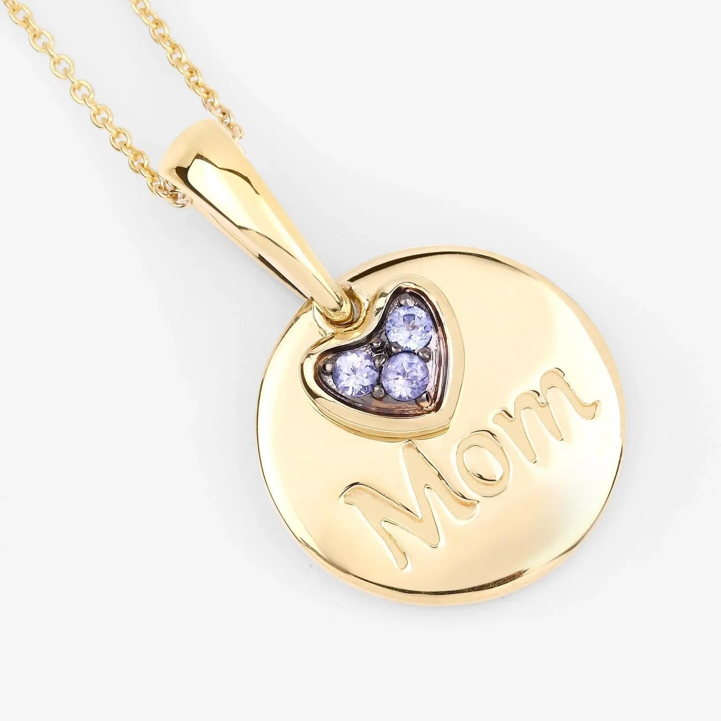 Round Violet Tanzanite Prong Gold Plated Silver Mom Heart Pendant Necklace