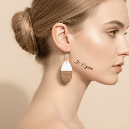 White Resin & Wood Silvertone Patchwork Teardrop Hook Earrings