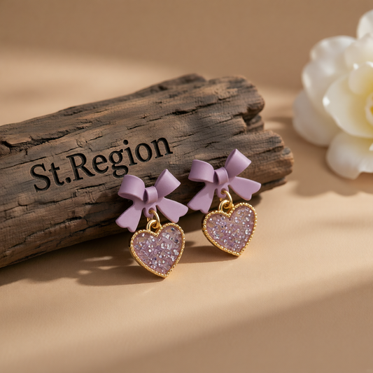Purple Enamel & Cubic Zirconia Goldtone Bow Heart Drop Earrings