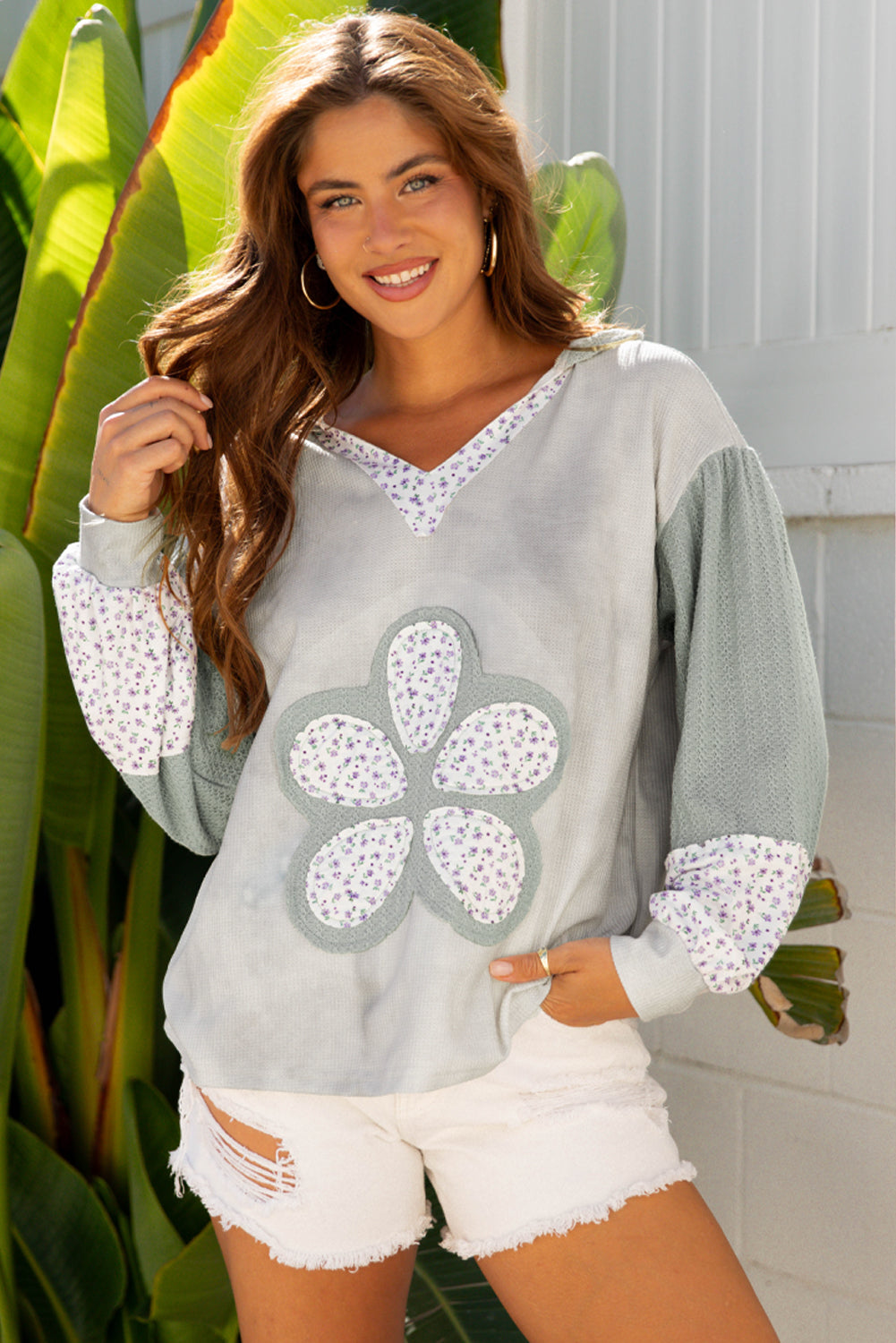 Threaded Pear Jream Colorblock Casual Hooded Top
