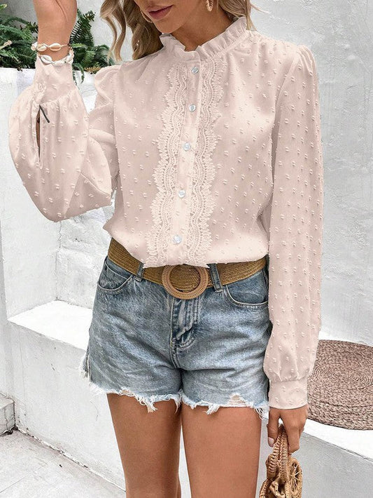 Miss Sparkling | Swiss Dot Lace Frill Neck Blouse – Vintage-Inspired Cottagecore Top