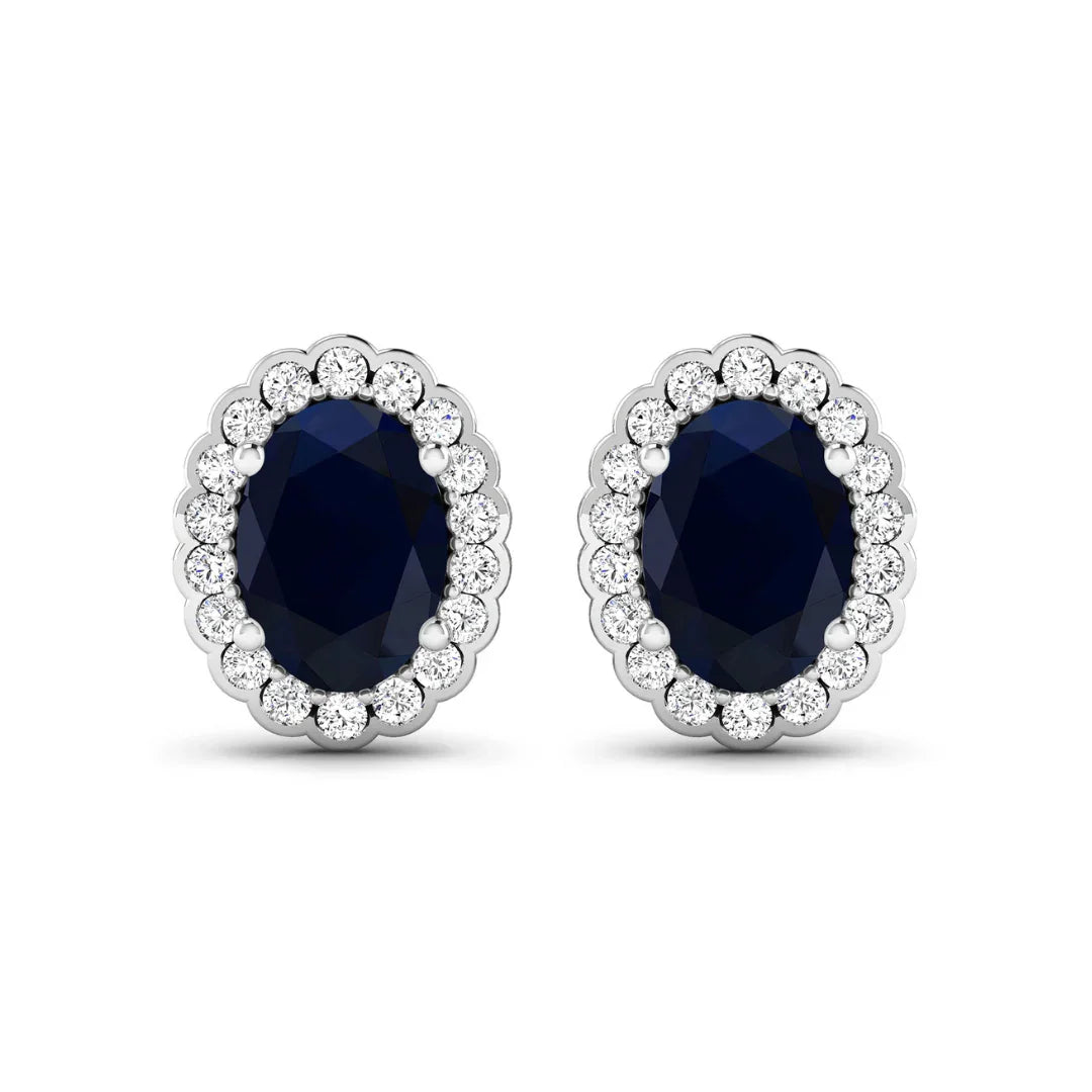 1.80 Ct Oval Blue Sapphire & Diamond Prong 14K Gold Halo Stud Earrings