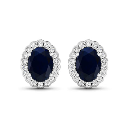 1.80 Ct Oval Blue Sapphire & Diamond Prong 14K Gold Halo Stud Earrings