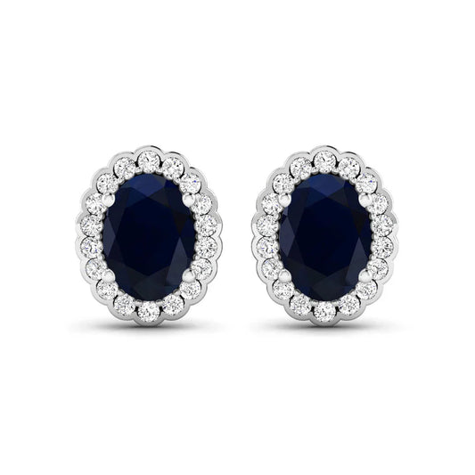 1.80 Ct Oval Blue Sapphire & Diamond Prong 14K Gold Halo Stud Earrings