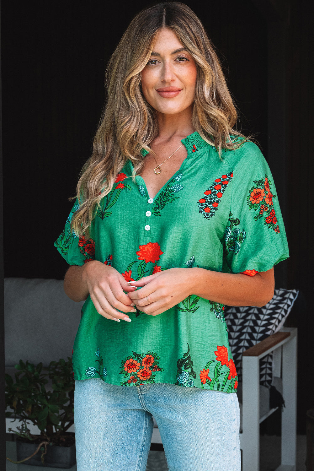 Threaded Pear Penelope Floral Buttoned V Neck Short Sleeve Blouse