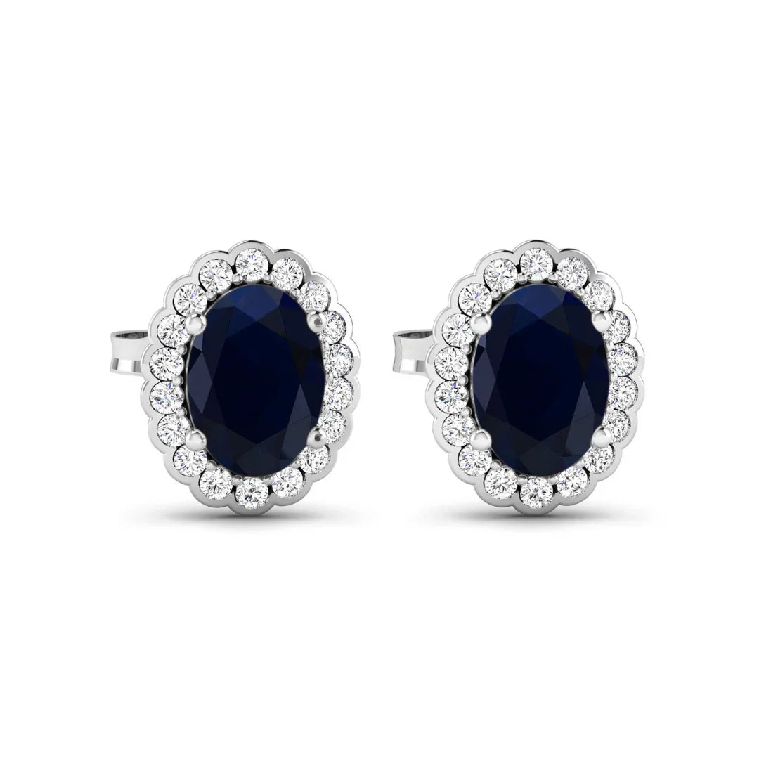 1.80 Ct Oval Blue Sapphire & Diamond Prong 14K Gold Halo Stud Earrings