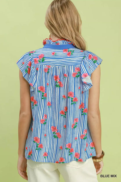 Umgee Striped Floral Ruffle Sleeve Top with Contrast Trim