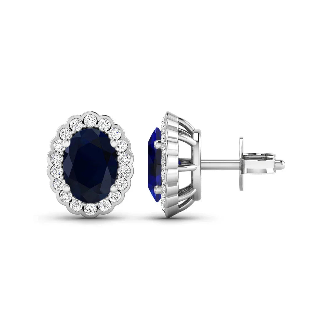 1.80 Ct Oval Blue Sapphire & Diamond Prong 14K Gold Halo Stud Earrings