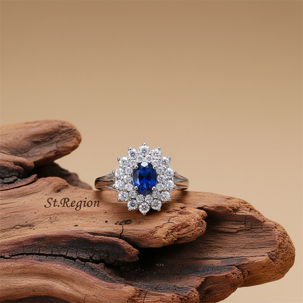 Cubic Zirconia & Navy Crystal Flower Halo Ring