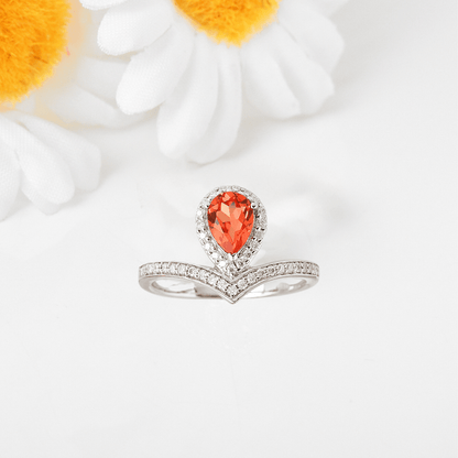1.08 Ct Pear Lab Created Peach Sapphire and Moissanite Prong Silver Crown Ring