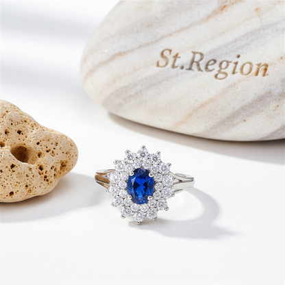 Cubic Zirconia & Navy Crystal Flower Halo Ring