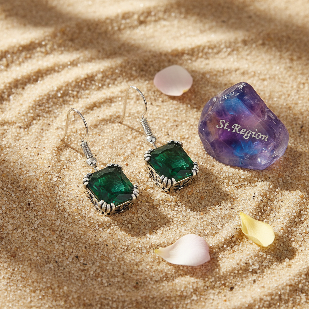 Green Crystal & Silvertone Princess-Cut Drop Earrings