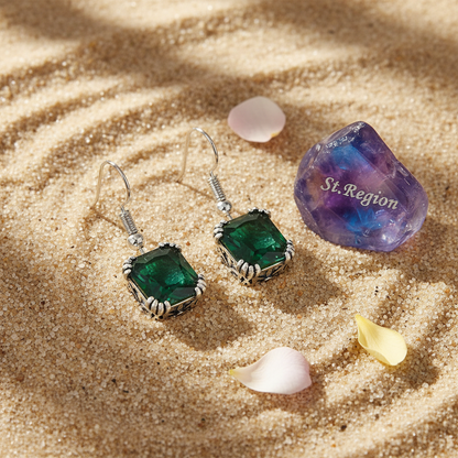 Green Crystal & Silvertone Princess-Cut Drop Earrings