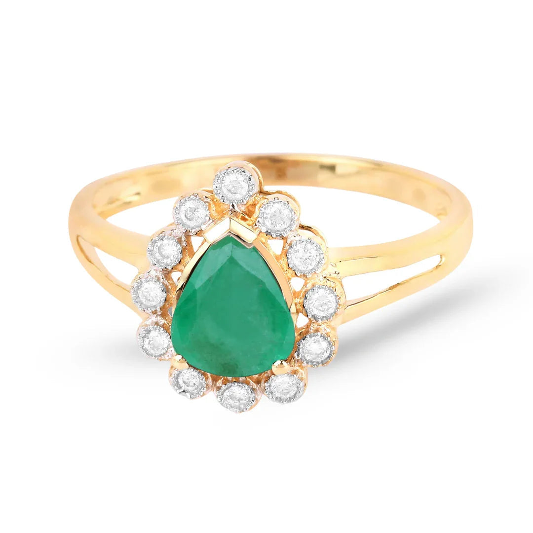 1.10 Ct Pear Green Zambian Emerald Diamond V-Prong 10k Gold Halo Statement Ring