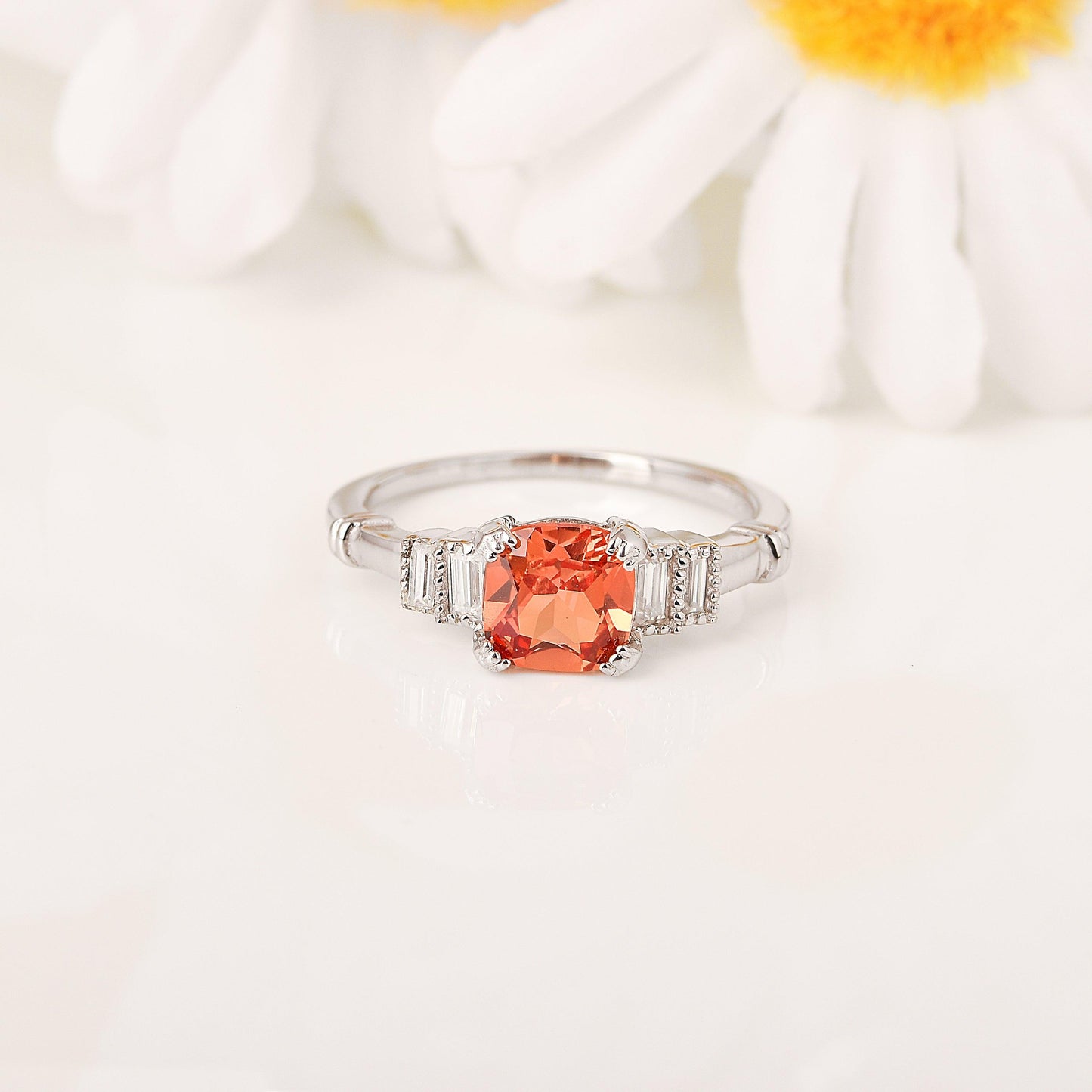 1.14 Ct Cushion Lab Created Peach Sapphire and Moissanite Prong Silver Five Stone Ring