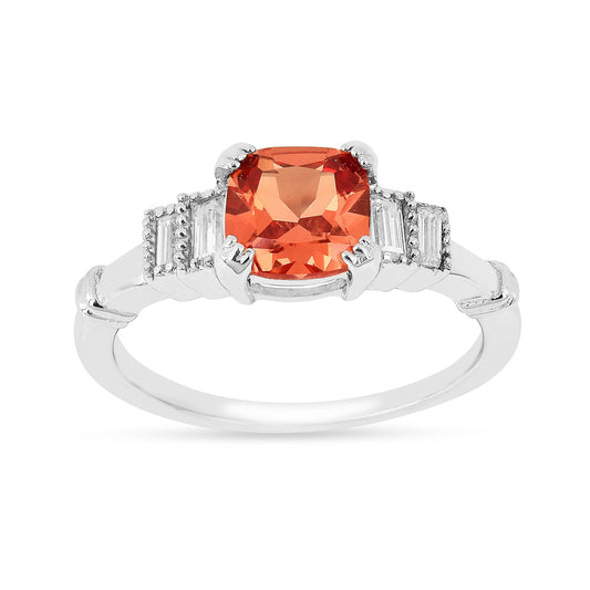 1.14 Ct Cushion Lab Created Peach Sapphire and Moissanite Prong Silver Five Stone Ring