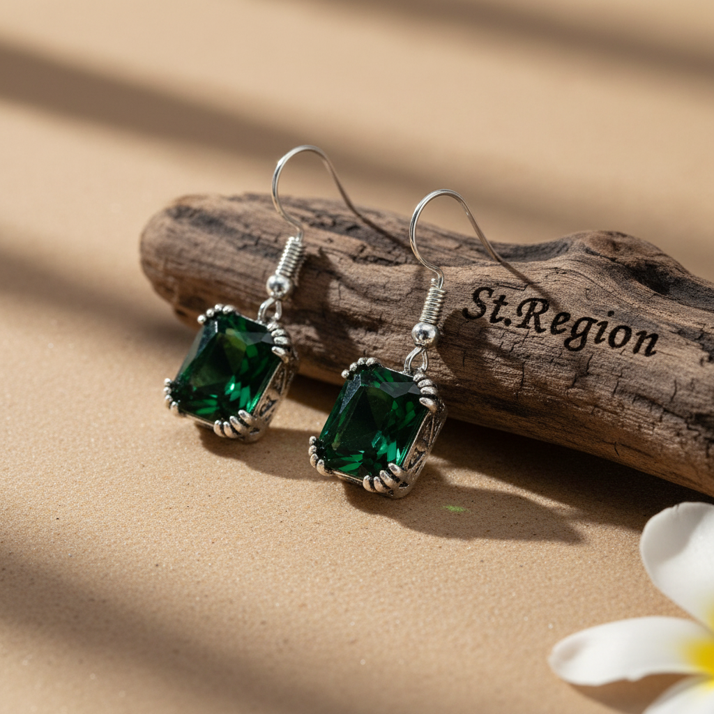Green Crystal & Silvertone Princess-Cut Drop Earrings