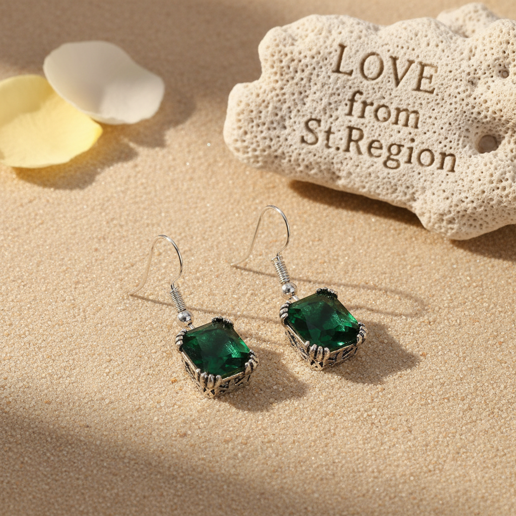 Green Crystal & Silvertone Princess-Cut Drop Earrings