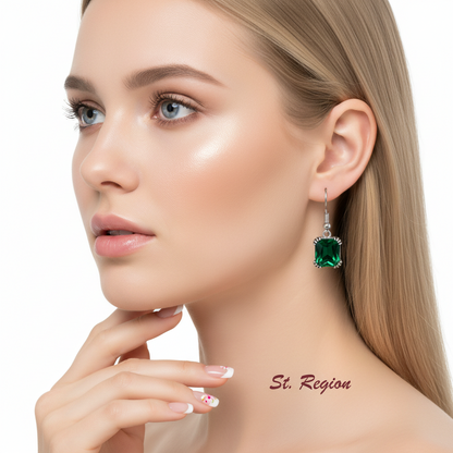 Green Crystal & Silvertone Princess-Cut Drop Earrings