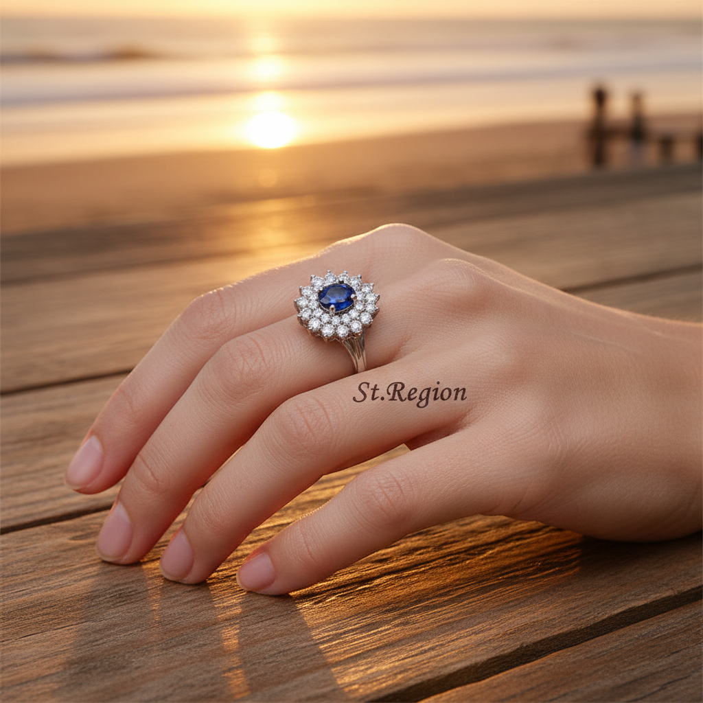 Cubic Zirconia & Navy Crystal Flower Halo Ring